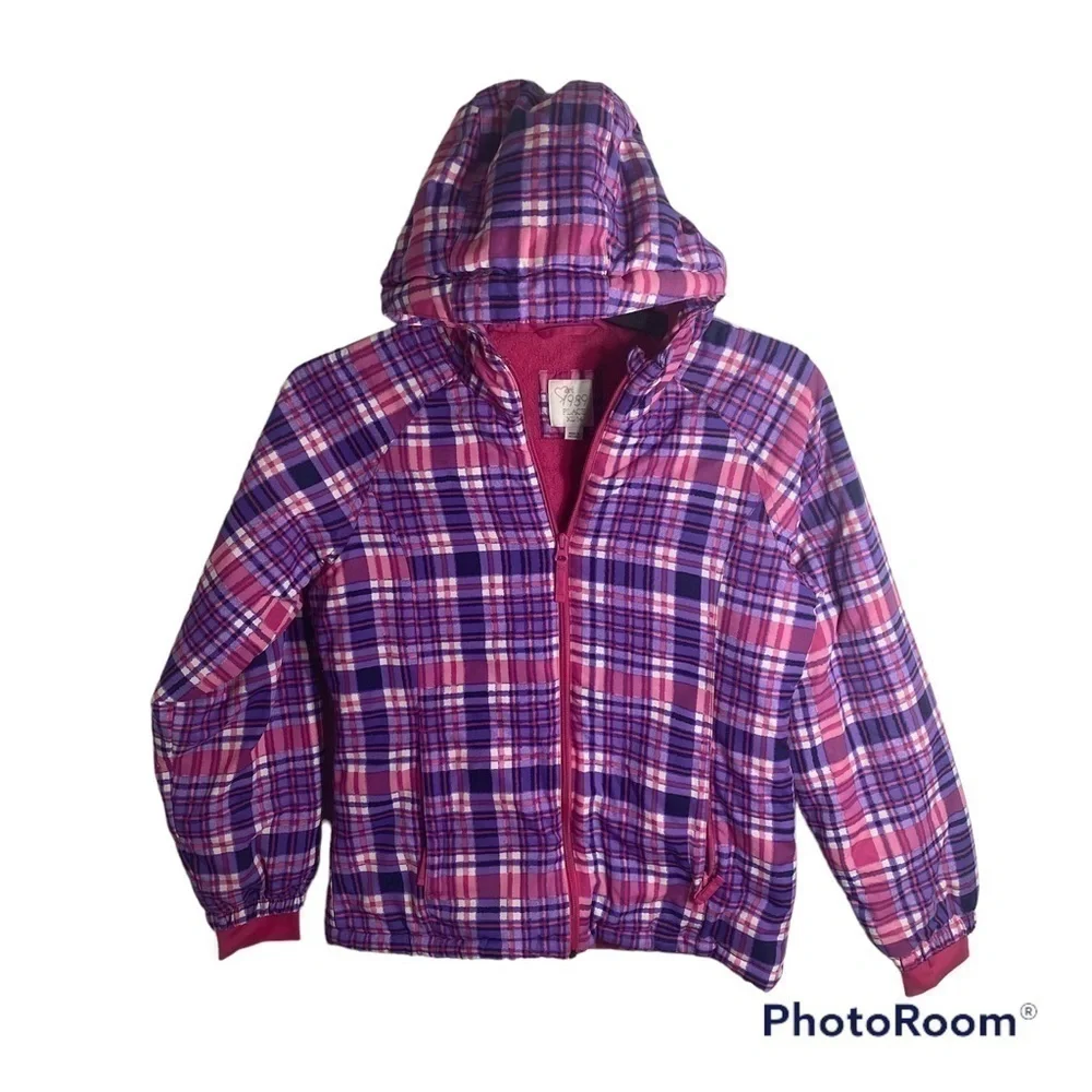 The Children’s Place Plaid Jacket Sz XL 14 Pink Purple Hooded Coat Puffer